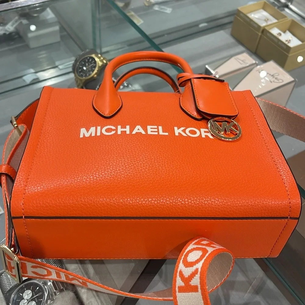 Michael Kors Mirella Small Pebbled Leather Shopper Top Zip Crossbody XBODY Poppy